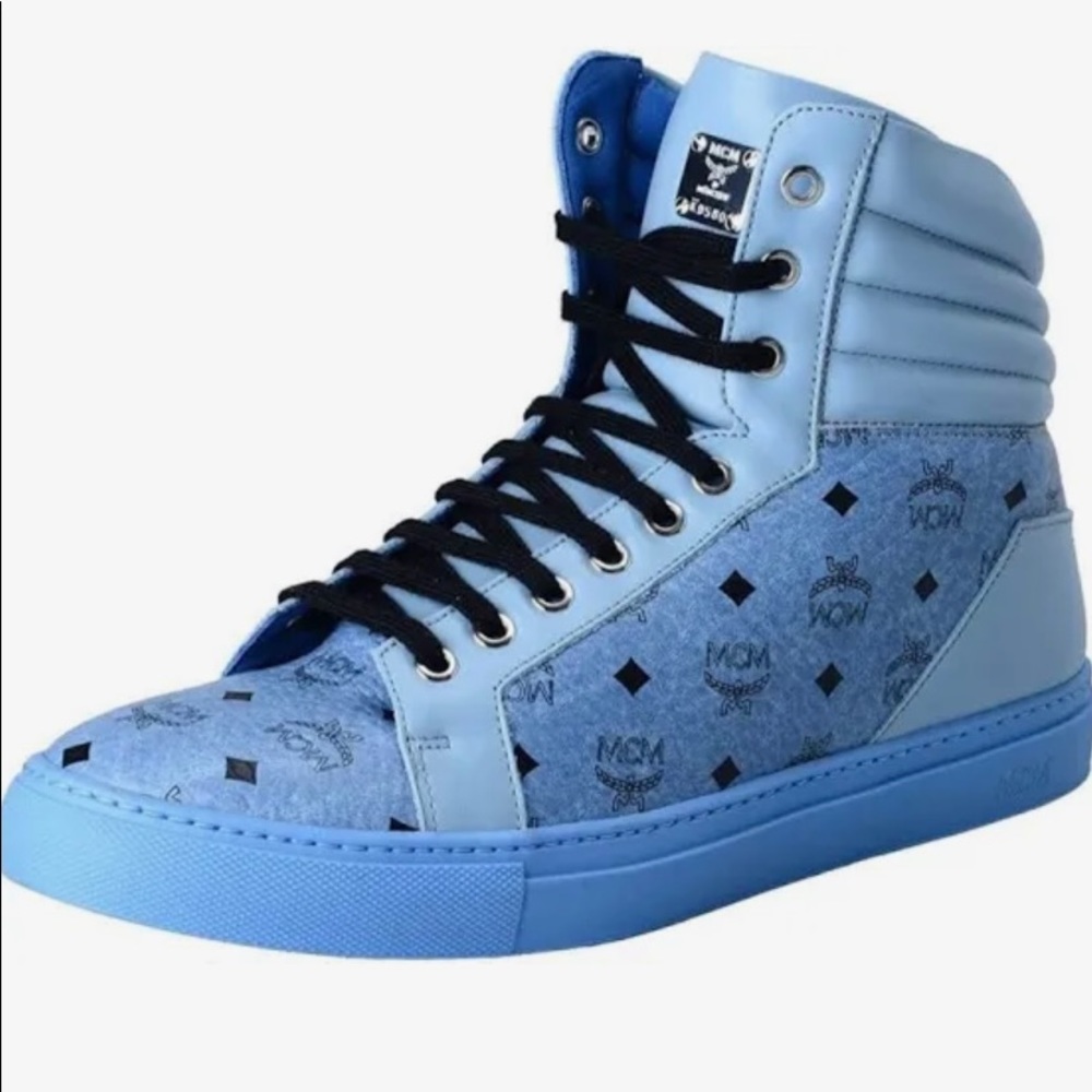 MCM Blue Leather Printed High Top Sneakers Authentic EU size 37/7